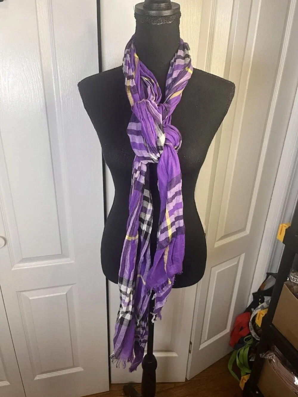 Purple White Rectangular Raw Hem Scarf Pashmina Lightweight Black Yellow